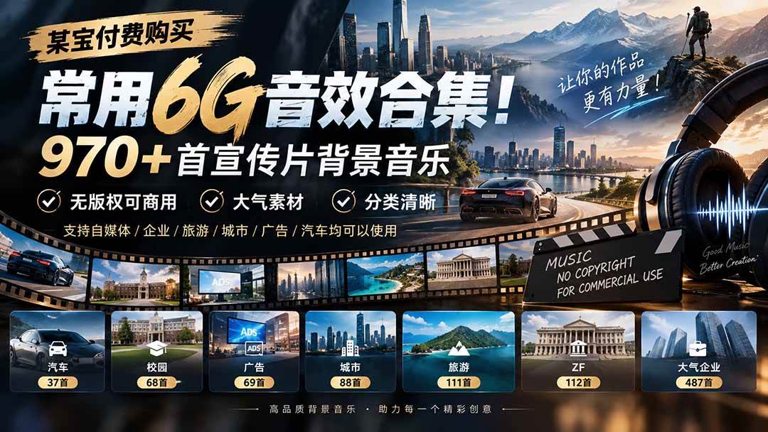 （20603期）某宝付费购买，常用6G音效合集！970+首宣传片背景音乐，无版权可商用大气素材，分类清晰-卓越网创