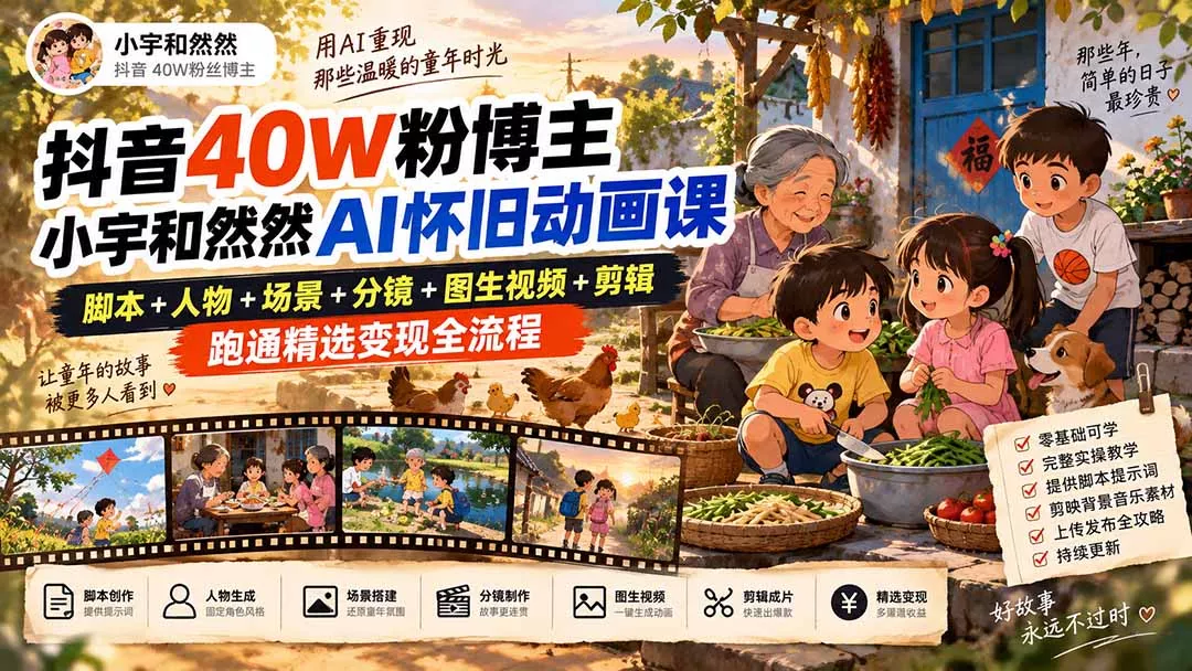 抖音40W粉博主小宇和然然AI怀旧动画课|脚本+人物+场景+分镜+图生视频+剪辑,跑通精选变现全流程-卓越网创