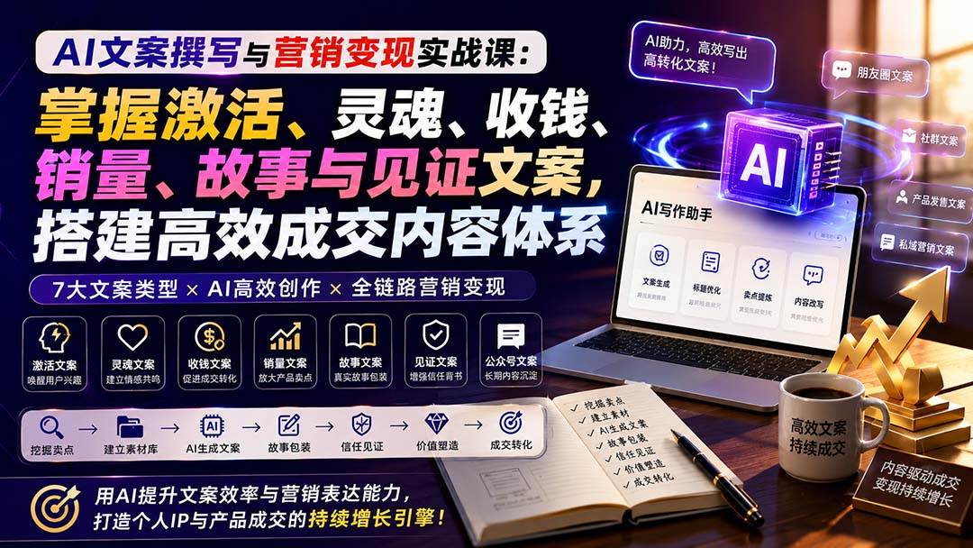 (20126期)AI文案撰写与营销变现实战课:掌握激活、灵魂、收钱、销量、故事与见证文案,搭建高效成交内容体系-卓越网创