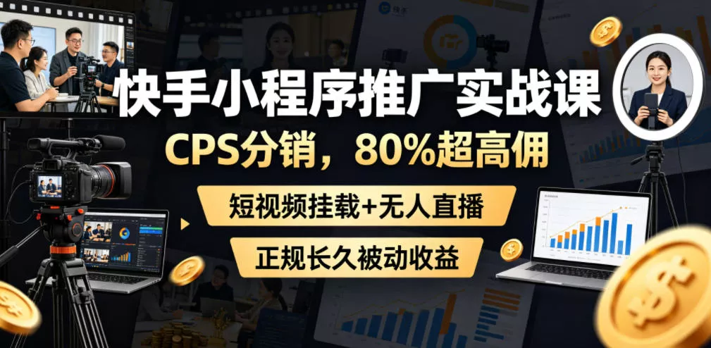 快手小程序推广实战课,CPS分销,80%超高佣,短视频挂载+无人直播,正规长久被动收益 快手小程序推广实战课,CPS分销,80%超高佣,短视频挂载+无人直播,正规长久被动收益