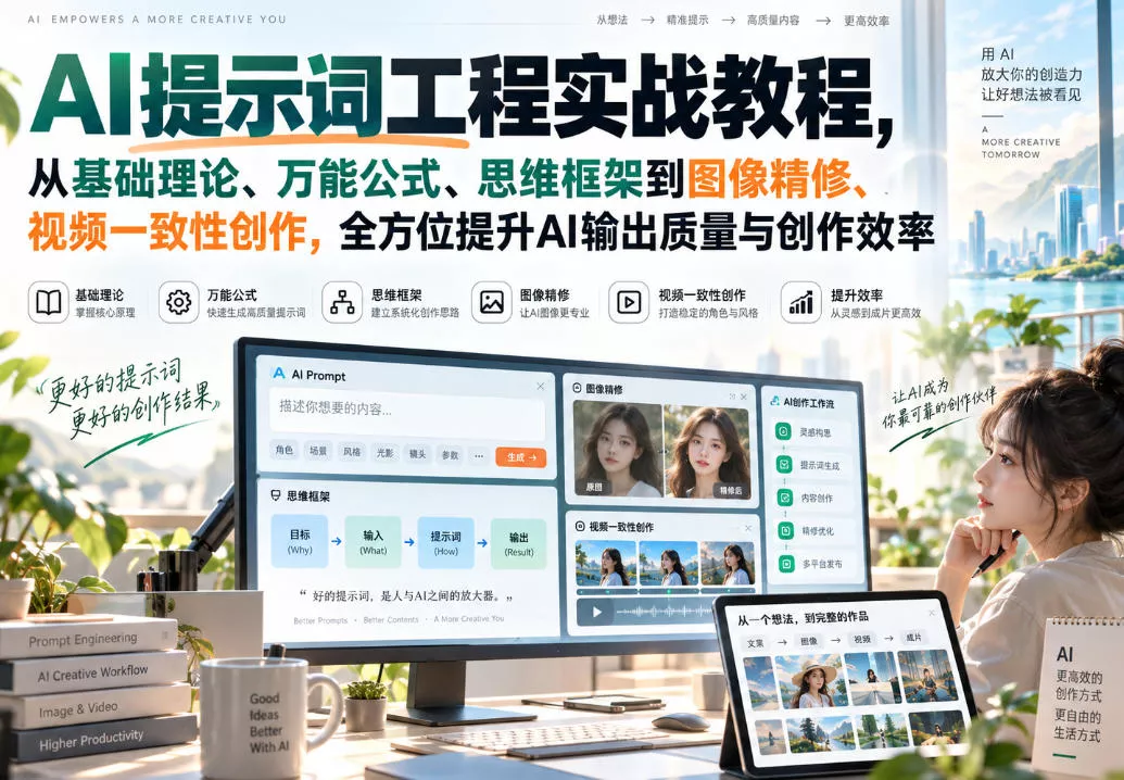 AI提示词工程实战教程，从基础理论、万能公式、思维框架到图像精修、视频一致性创作，全方位提升AI输出质量与创作效率-卓越网创