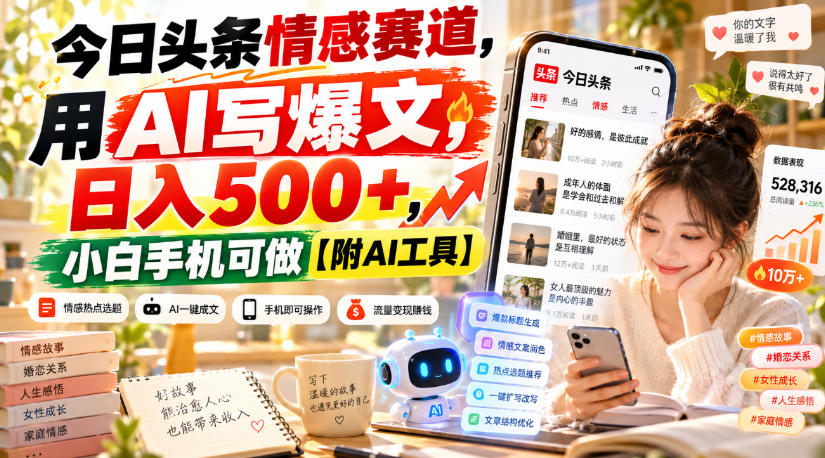 今日头条情感赛道，用AI写爆文，日入500+，小白手机可做【附AI工具】-卓越网创