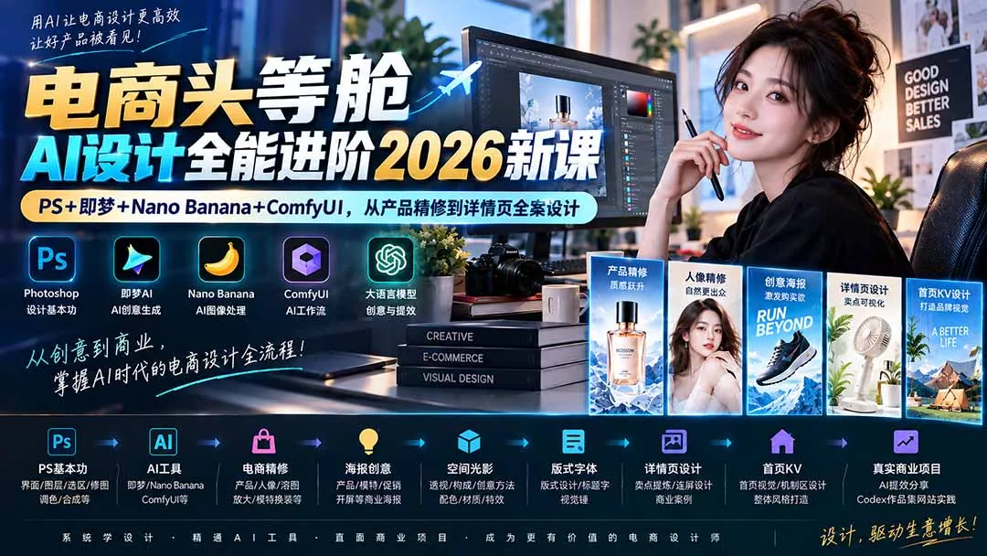 电商头等舱AI设计全能进阶2026新课:PS+即梦+Nano Banana+ComfyUI,从产品精修到详情页全案设计-卓越网创