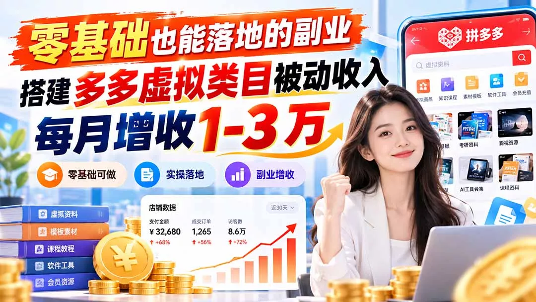 零基础也能落地的副业，搭建多多虚拟类目被动收入，每月增收 1-3 万-卓越网创