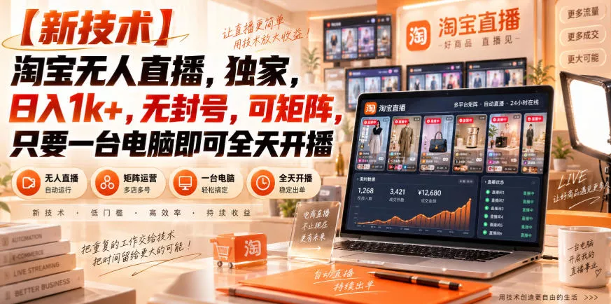 【独家新技术】淘宝无人直播，日入1k+，无封号，可矩阵，只要一台电脑即可全天开播【揭秘】-卓越网创