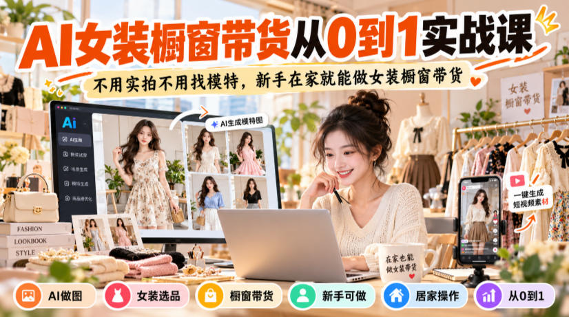 AI女装橱窗带货从0到1实战课，不用实拍不用找模特，新手在家就能做女装橱窗带货-卓越网创