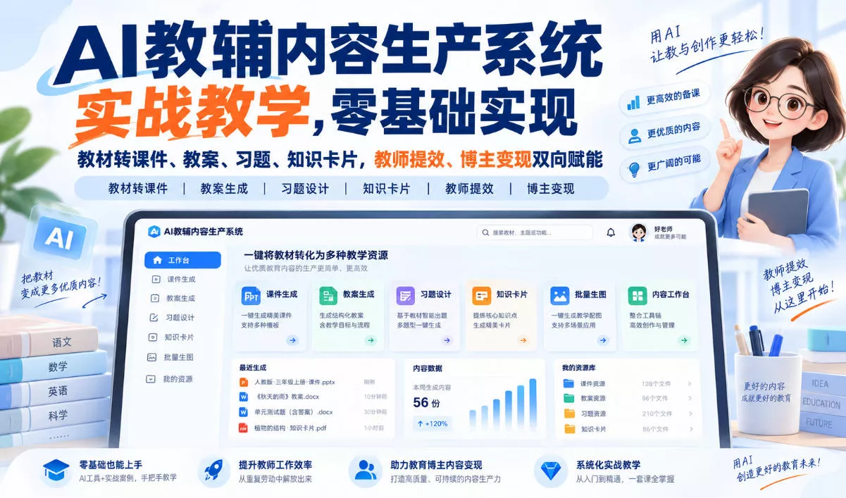 【无水印】AI教辅内容生产系统实战教学，零基础实现教材转课件、教案、习题、知识卡片，教师提效、博主变现双向赋能(更新0926)-卓越网创