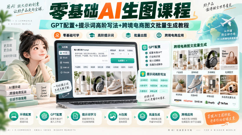 零基础AI生图课程,GPT配置+提示词高阶写法+跨境电商图文批量生成教程-卓越网创