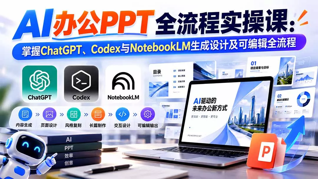 【无水印】AI办公PPT全流程实操课: 掌握ChatGPT、Codex与NotebookLM生成设计及可编辑全流程 【无水印】AI办公PPT全流程实操课: 掌握ChatGPT、Codex与NotebookLM生成设计及可编辑全流程