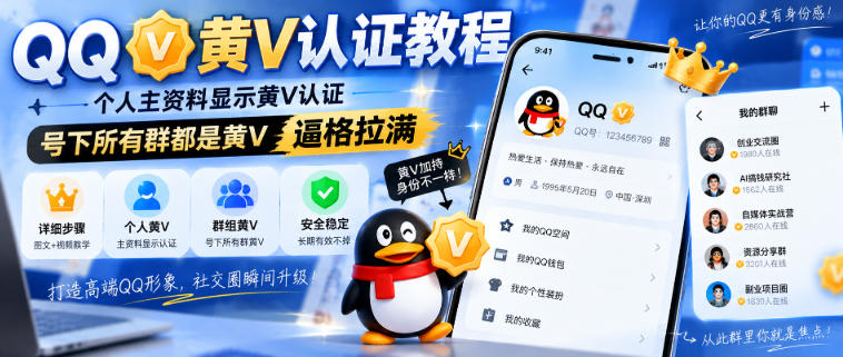 QQ黄V认证教程，个人主资料显示黄V认证，号下所有群都是黄V，逼格拉满-卓越网创