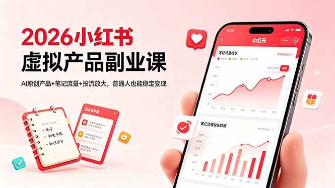 （18449期）2026小红书虚拟产品副业课，AI原创产品+笔记流量+投流放大，普通人也能稳定变现-卓越网创
