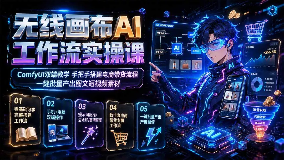 无线画布AI工作流实操课｜ComfyUI双端教学，手把手搭建电商带货流程，一键批量产出图文短视频素材-卓越网创