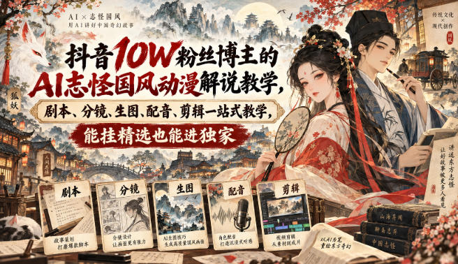 抖音10W粉丝博主的AI志怪国风动漫解说教学,剧本、分镜、生图、配音、剪辑一站式教学,能挂精选也能进独家-卓越网创