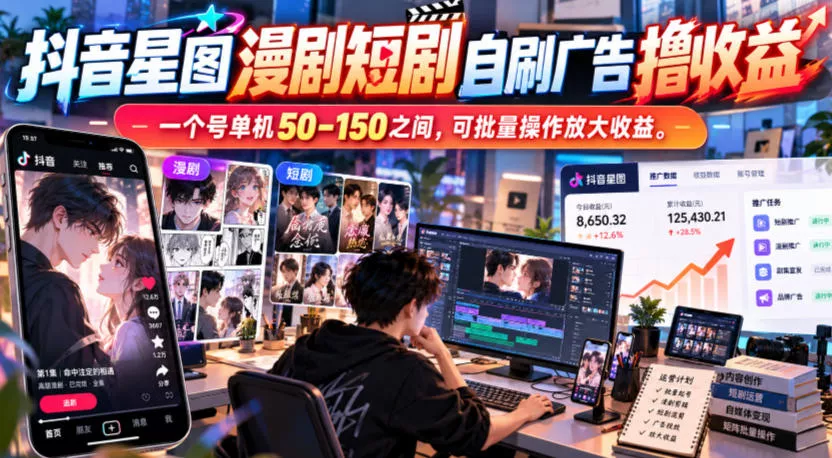 抖音星图漫剧短剧自刷广告撸收益，一个号单机50-150之间，可批量操作放大收益-卓越网创