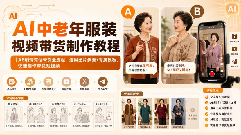 AI中老年服装视频带货制作教程|AB剧情对话带货全流程,通用出片步骤+专属模板,快速制作带货短视频-卓越网创