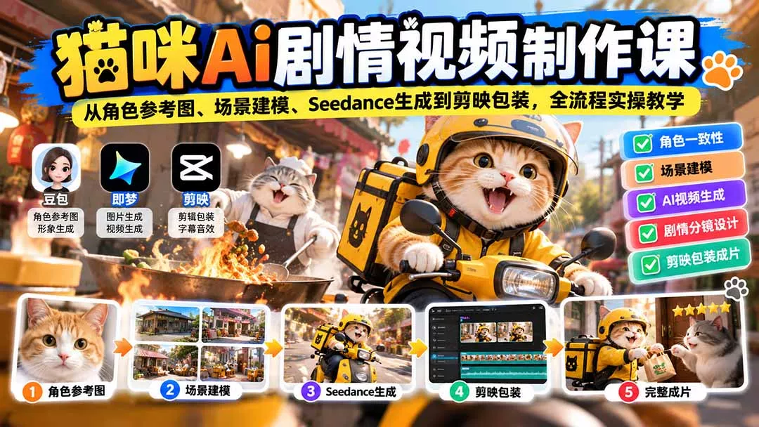 猫咪AI剧情视频制作课：从角色参考图、场景建模、Seedance生成到剪映包装，全流程实操教学-卓越网创