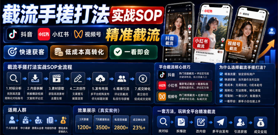 截流手搓打法实战SOP,抖音小红书视频号精准截流,快速获客,低成本高转化,一看即会 截流手搓打法实战SOP,抖音小红书视频号精准截流,快速获客,低成本高转化,一看即会