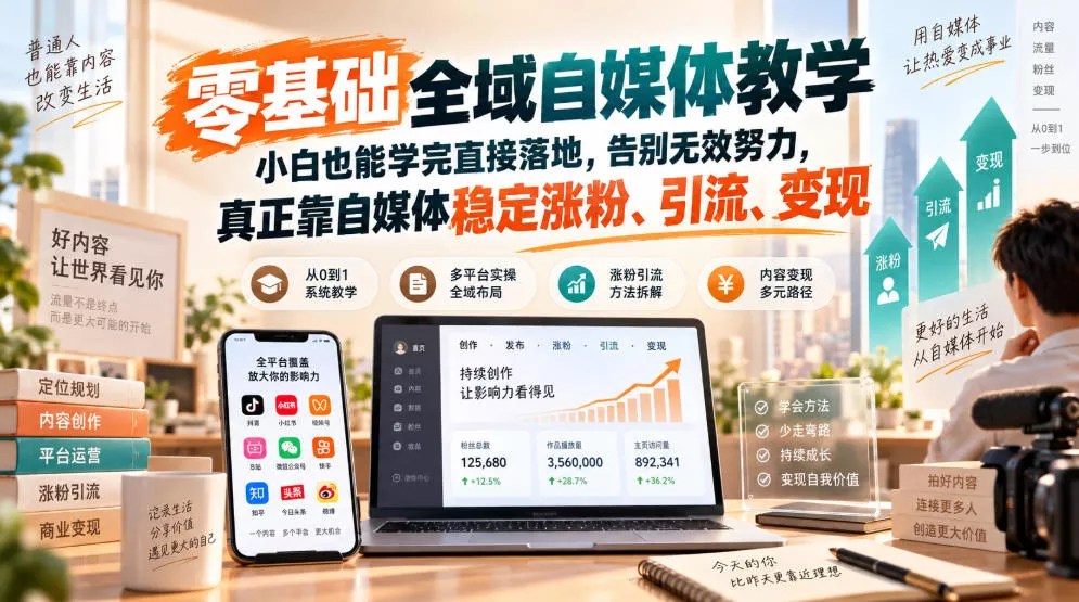 零基础全域自媒体教学，小白也能学完直接落地，告别无效努力，真正靠自媒体稳定涨粉、引流、变现-卓越网创