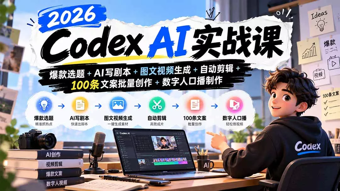 2026Codex AI实战课：爆款选题+AI写剧本+图文视频生成+自动剪辑+100条文案批量创作+数字人口播制作-卓越网创