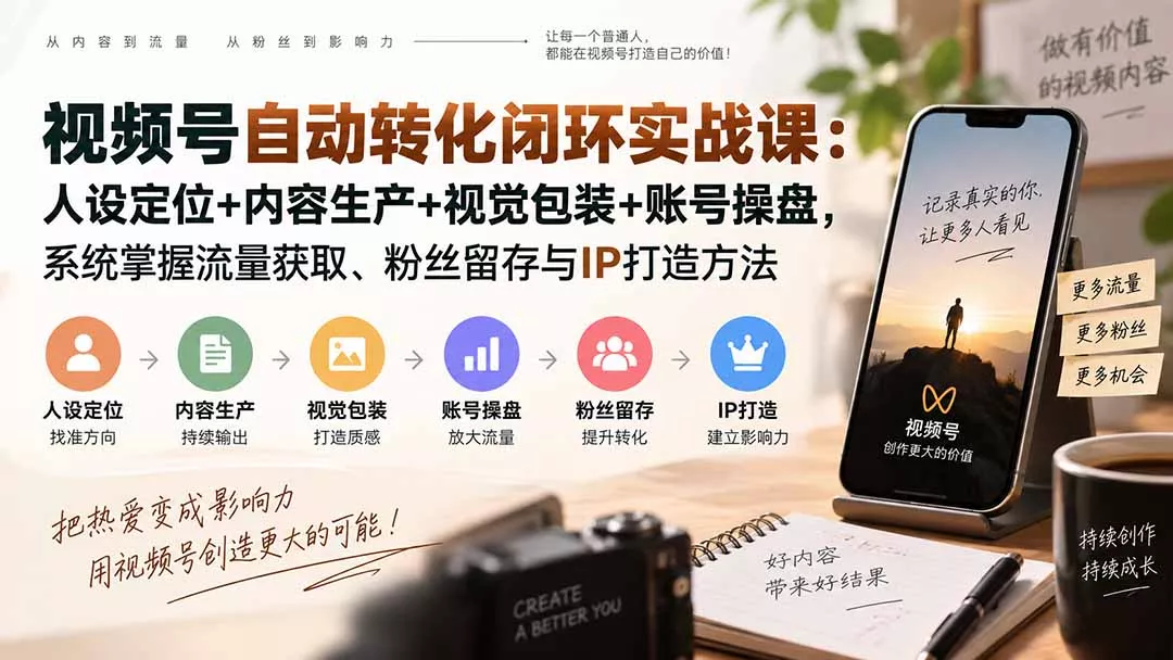 视频号自动转化闭环实战课:人设定位+内容生产+视觉包装+账号操盘,系统掌握流量获取、粉丝留存与IP打造方法-卓越网创