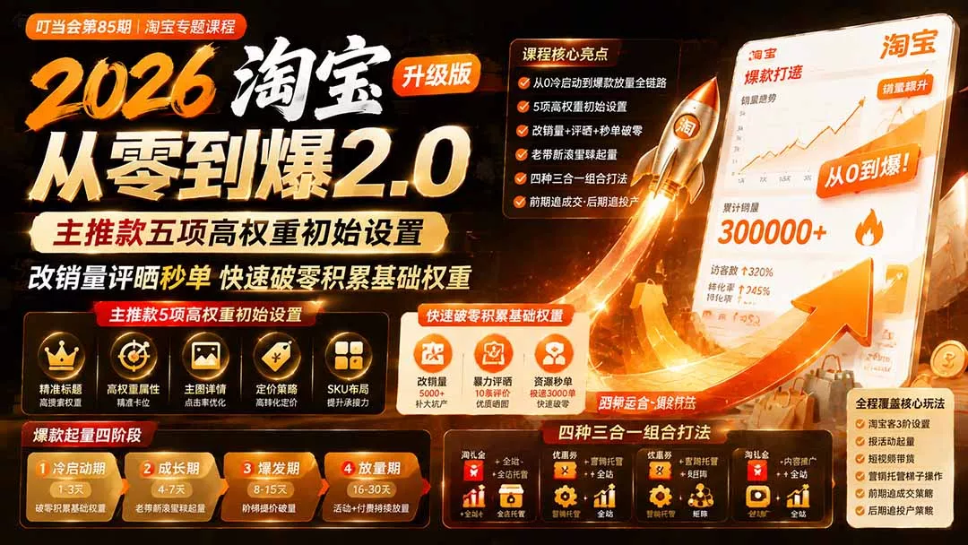 2026淘宝从零到爆2.0第85期;主推款五项高权重初始设置,改销量评晒秒单快速破零积累基础权重-卓越网创