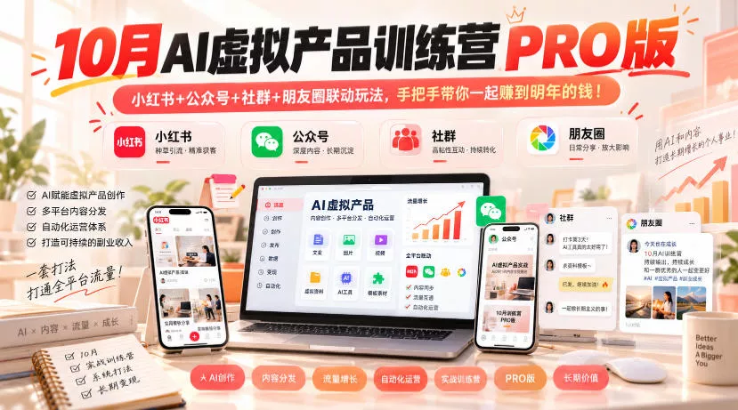 10月AI虚拟产品训练营PRO版，小红书+公众号+社群+朋友圈联动玩法，手把手带你一起赚到明年的钱！-卓越网创
