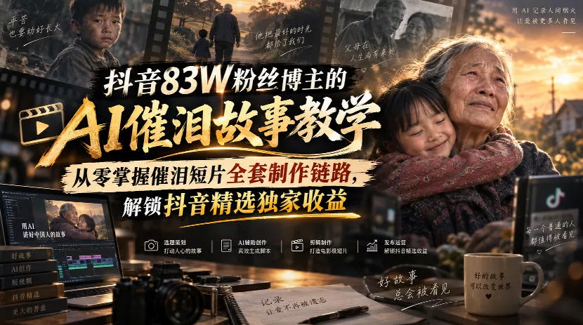 抖音83W粉丝博主的AI催泪故事教学，从零掌握催泪短片全套制作链路，解锁抖音精选独家收益-卓越网创