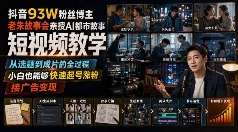 抖音93W粉丝博主老朱故事会亲授AI都市故事短视频教学,从选题到成片的全过程,小白也能够快速起号涨粉接广告变现-卓越网创