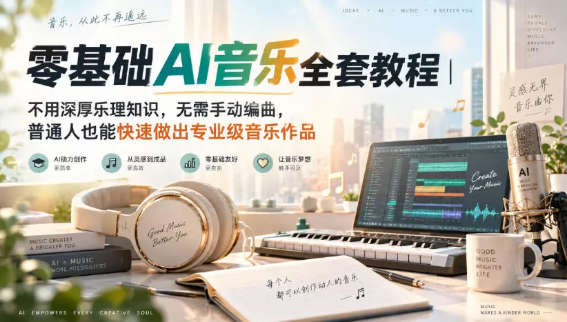 零基础AI音乐全套教程｜不用深厚乐理知识，无需手动编曲，普通人也能快速做出专业级音乐作品-卓越网创