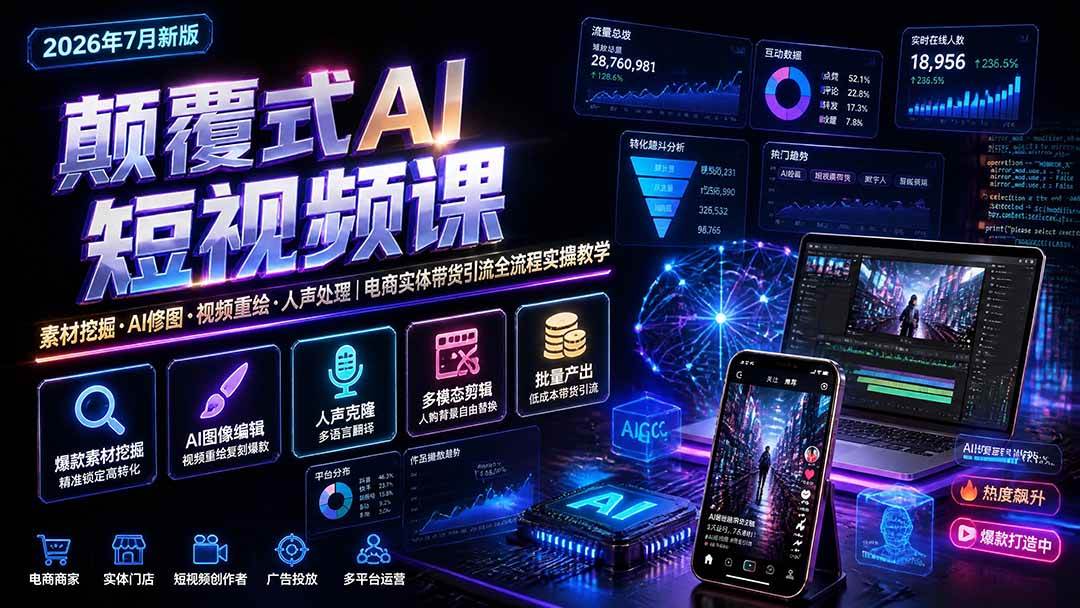 (19630期)颠覆式AI短视频课|素材挖掘,AI修图,视频重绘,人声处理|电商实体带货引流全流程实操教学-卓越网创