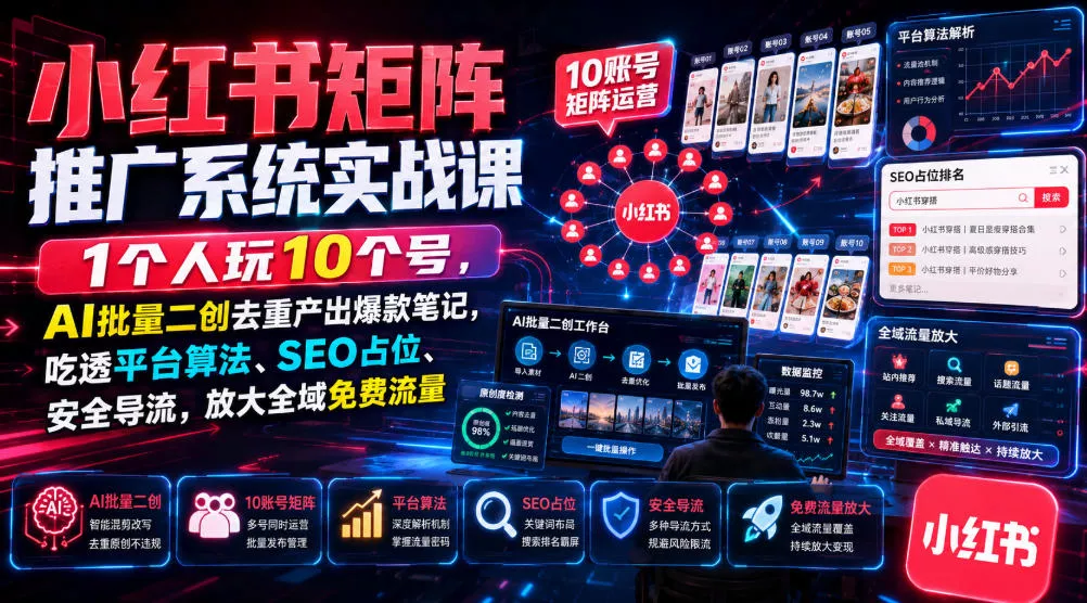 小红书矩阵推广系统实战课|1个人玩10个号,AI批量二创去重产出爆款笔记,吃透平台算法、SEO占位、安全导流,放大全域免费流量-卓越网创