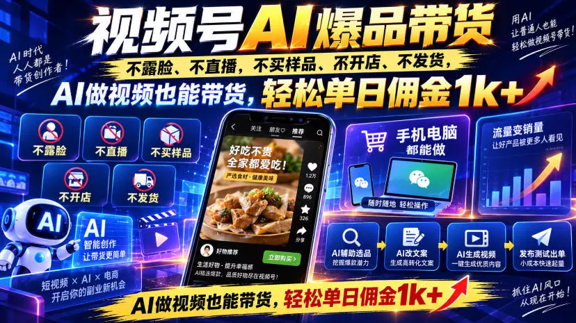 视频号Ai爆品带货,不露脸、不直播、不买样品、不开店、不发货,AI做视频也能带货,轻松单日佣金1k+-卓越网创