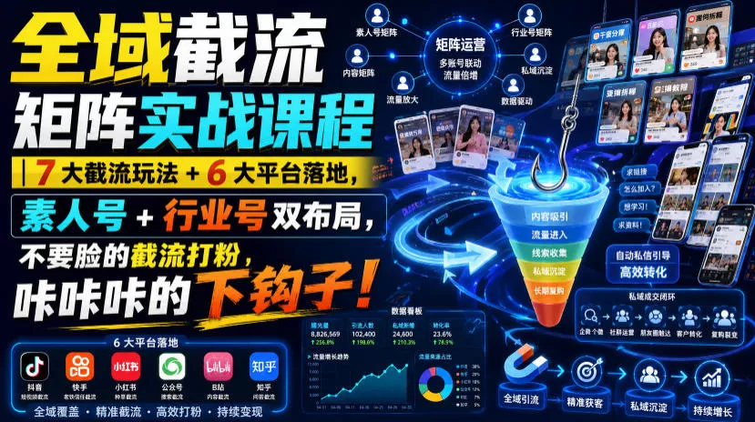 全域截流矩阵实战课程|7大截流玩法+6大平台落地,素人号+行业号双布局,不要脸的截流打粉,咔咔咔的下钩子!-卓越网创