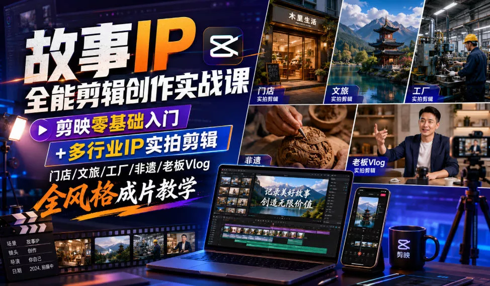 故事IP全能剪辑创作实战课｜剪映零基础入门+多行业IP实拍剪辑，门店/文旅/工厂/非遗/老板Vlog全风格成片教学-卓越网创