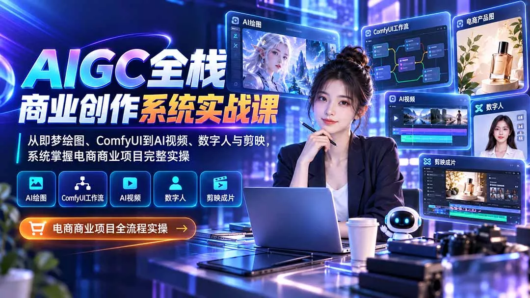AIGC全栈商业创作系统实战课-更新1017：从即梦绘图、ComfyUI到AI视频、数字人与剪映，系统掌握电商商业项目完整实操-卓越网创
