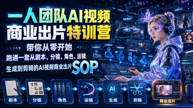 一人团队AI视频商业出片实战课:带你从零开始跑通一套从剧本、分镜、角色、运镜、生成到剪辑的AI视频商业出片SOP 一人团队AI视频商业出片实战课:带你从零开始跑通一套从剧本、分镜、角色、运镜、生成到剪辑的AI视频商业出片SOP