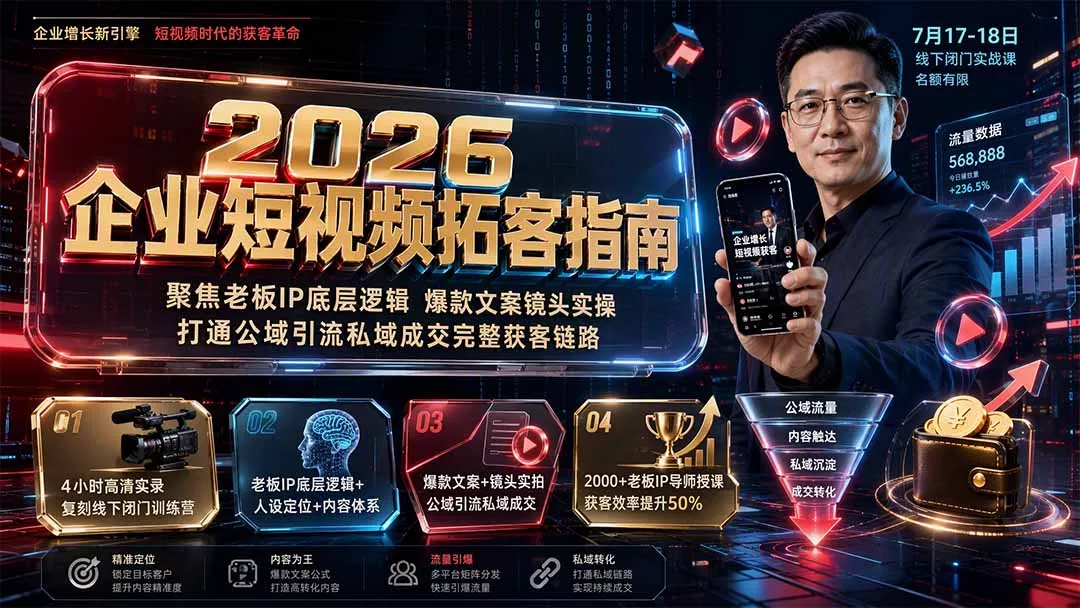 2026企业短视频拓客指南：聚焦老板IP底层逻辑，爆款文案镜头实操，打通公域引流私域成交完整获客链路-卓越网创
