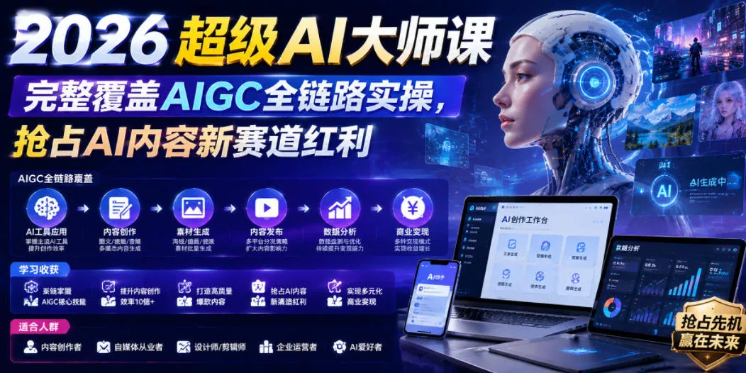 2026超级AI大师课，完整覆盖AIGC全链路实操，抢占AI内容新赛道红利-卓越网创