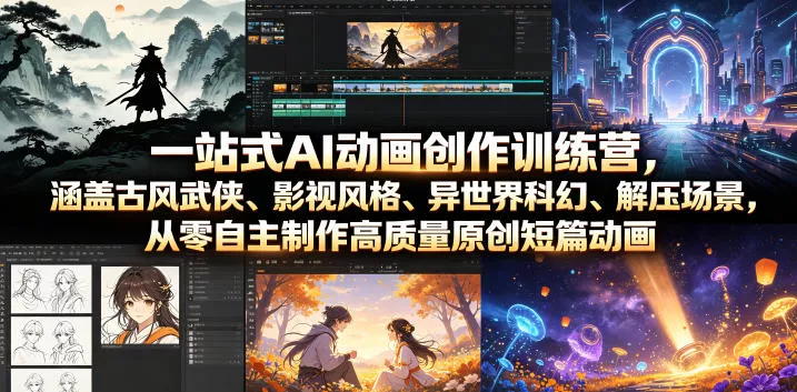 一站式AI动画创作训练营，涵盖古风武侠、影视风格、异世界科幻、解压场景，从零自主制作高质量原创短篇动画-卓越网创