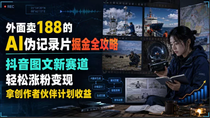 外面卖188的AI伪记录片掘金全攻略，抖音图文新赛道，轻松涨粉变现，拿创作者伙伴计划收益【文档】-卓越网创