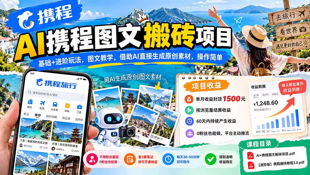 AI携程图文搬砖项目，基础+进阶玩法，图文教学，借助AI直接生成原创素材，操作简单