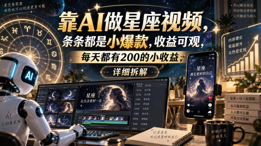 靠AI做星座视频，条条都是小爆款，收益可观，每天都有200的小收益，详细拆解-卓越网创