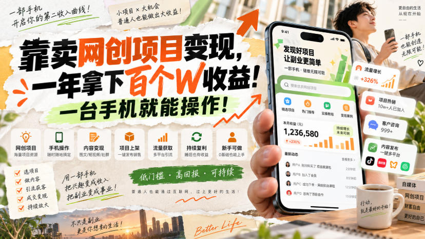 靠卖网创项目变现，一年拿下百个W收益！一台手机就能操作！【揭秘】-卓越网创