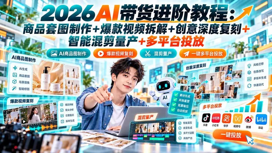 2026AI带货进阶教程：商品套图制作+爆款视频拆解+创意深度复刻+智能混剪量产+多平台投放