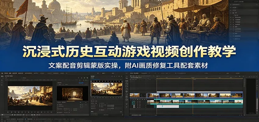 沉浸式历史互动游戏视频创作教学：文案配音剪辑蒙版实操，附AI画质修复工具配套素材-卓越网创
