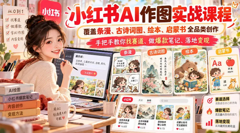小红书AI作图实战课程，覆盖条漫、古诗词图、绘本、启蒙书全品类创作，手把手教你找赛道、做爆款笔记、落地变现-卓越网创