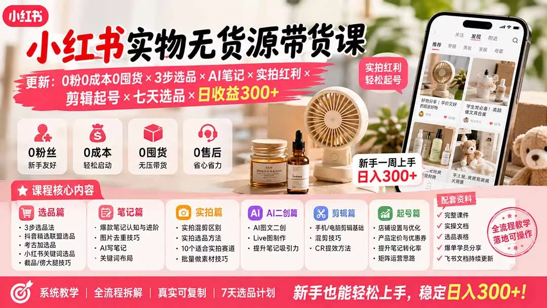 小红书实物无货源带货课-更新：0粉0成本0囤货×3步选品×AI笔记×实拍红利×剪辑起号×七天选品×日收益300+-卓越网创