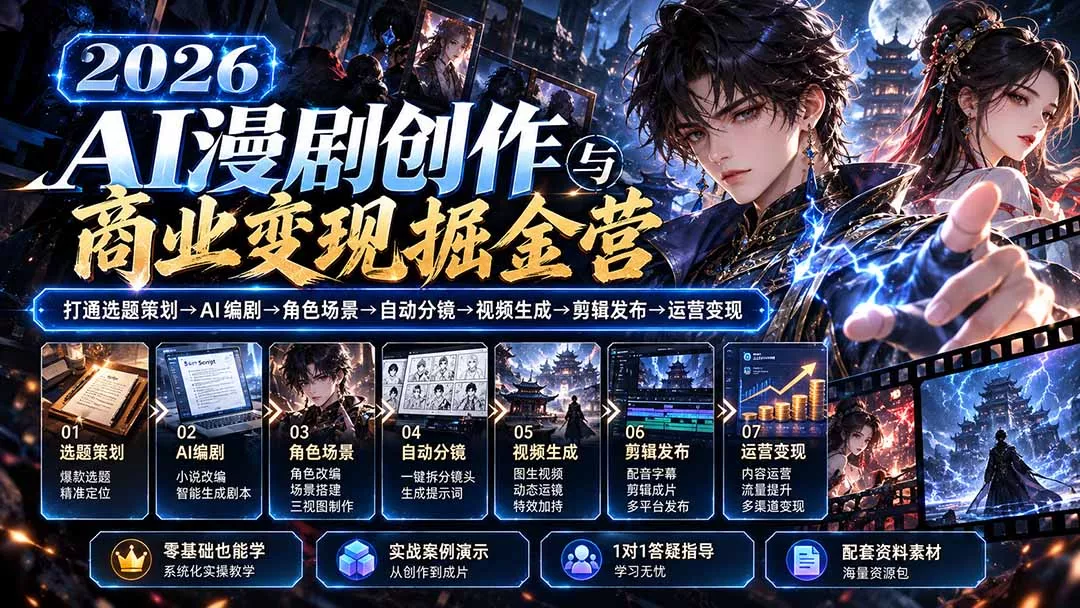 【无水印】2026AI漫剧创作与商业变现掘金营：打通选题→AI编剧→角色场景→自动分镜→视频生成→剪辑发布→运营变现-卓越网创