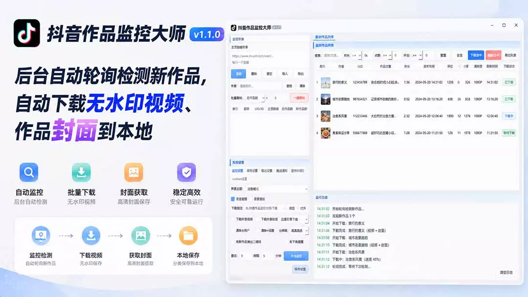 抖音作品监控大师v1.1.0:后台自动轮询检测新作品,自动下载无水印视频、作品封面到本地-卓越网创