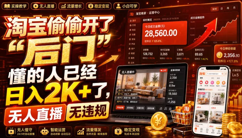 淘宝偷偷开了“后门”,懂的人已经日入2K+了,无人直播无违规,一台电脑=一家24小时营业的线上门店【揭秘】-卓越网创